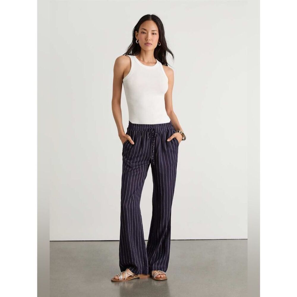NWT Lulus Aravah Navy Pinstriped Linen Wide-Leg Pants
